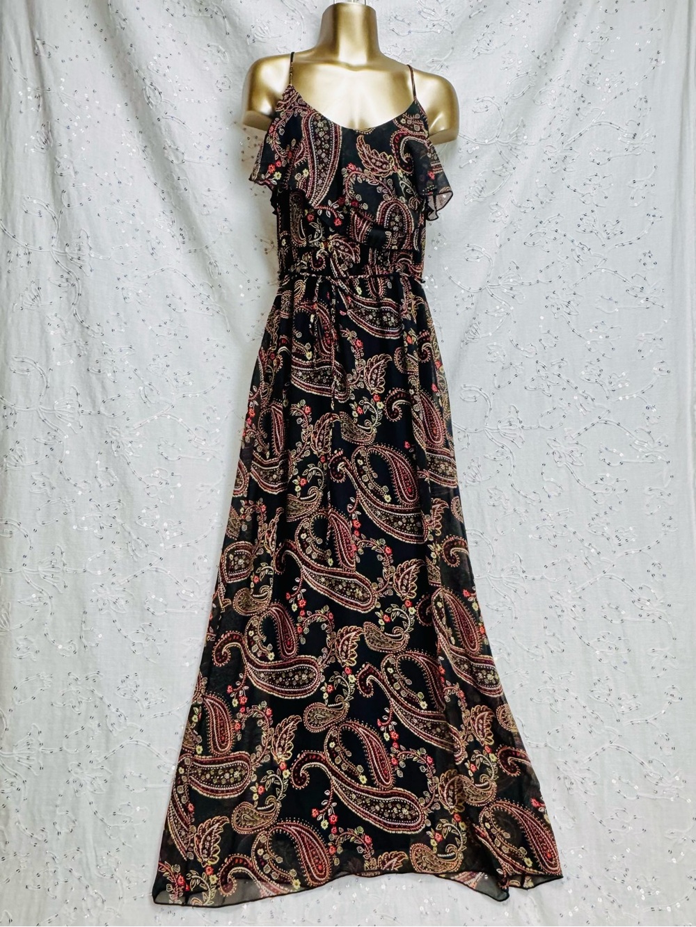 Behave Paisley Maxi Dress Size Medium Black Boho Ruffle Overlay Sleeveless USA